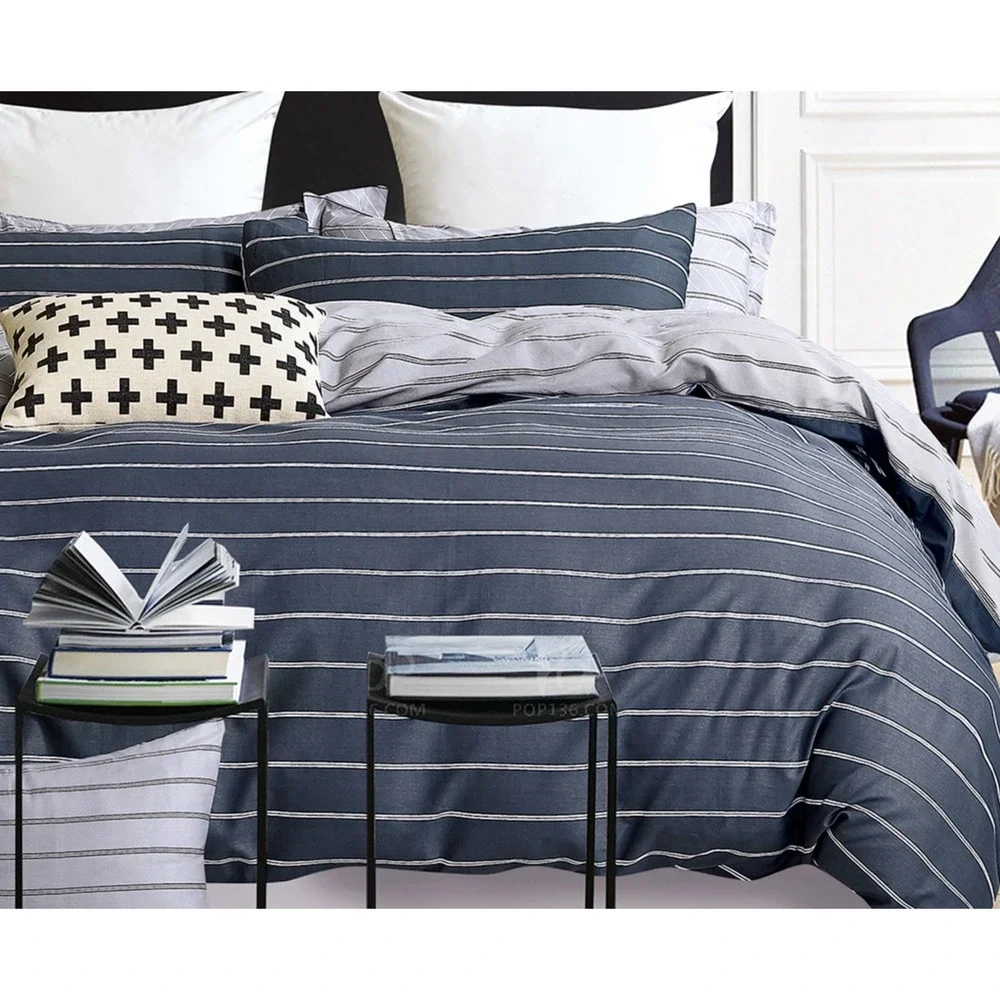 Gauggin Navy Blue Striped 100% Cotton Reversible Comforter Set Queen Minimalist